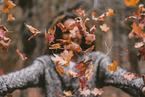 ideje za jesenje fotografije za instagram - djevojka baca lišće u šumu
