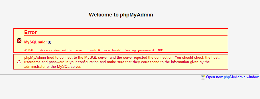 phpMyAdmin koristi automatski unos lozinke, tako da je greška popraćena (Korištenje lozinke: NE)